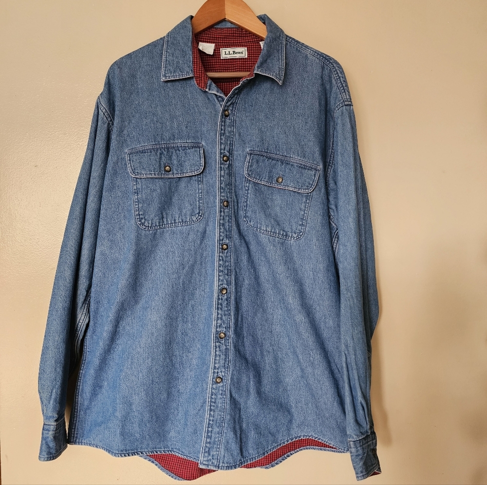 VTG LL Bean Denim Red Check Flannel Lined Shirt Jacket XLT USA Heritage Workwear - Picture 2 of 11